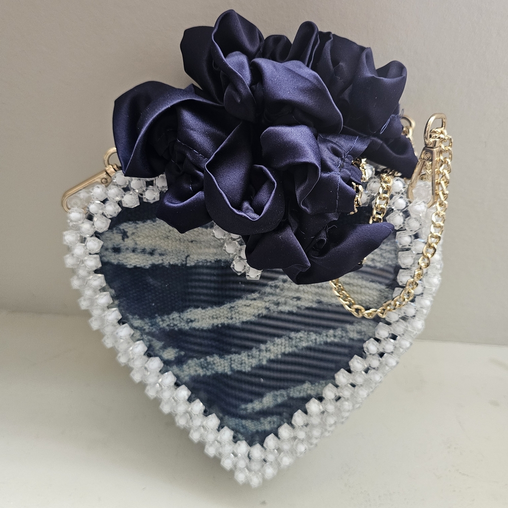 Heart-Shaped Blue and White Beaded Bag